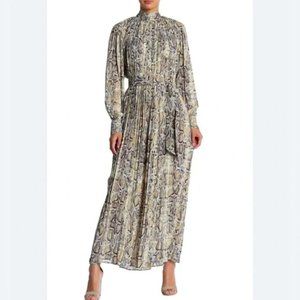 Gracia Long-Sleeve Pleated Maxi Dress - Snake Print - Large {NWOT}